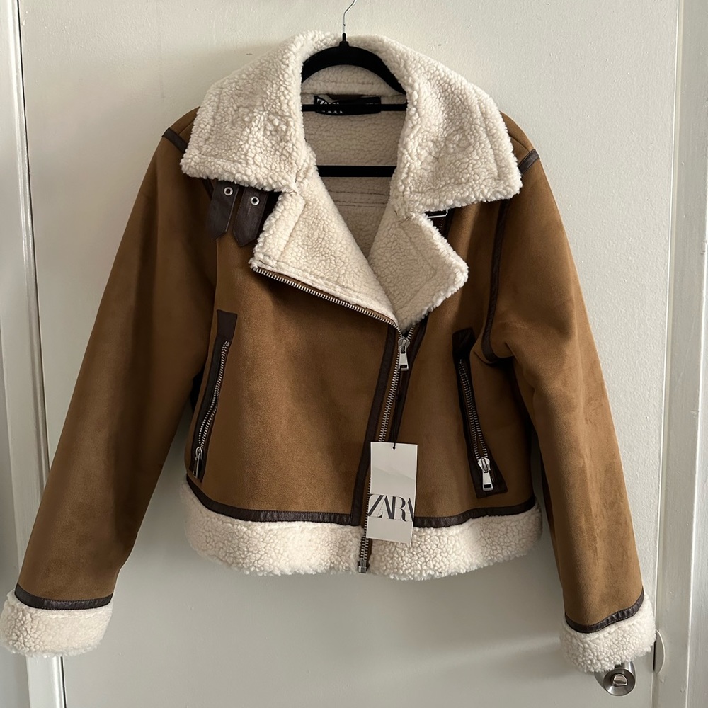 Zara double-sided cropped jacket taupe brown shearling Sherpa faux suede XL